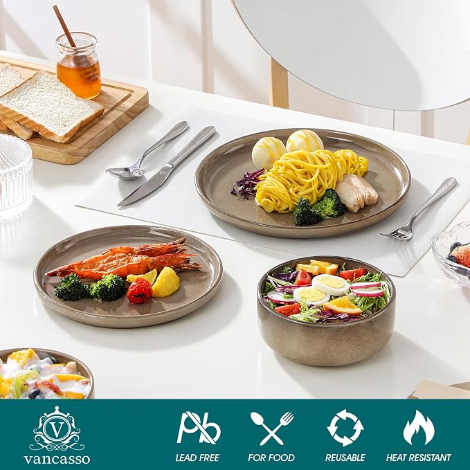 vancasso PLAYA Plates and Bowls Sets, 24 Pieces Dark Brown Dinnerware Sets - Image 3