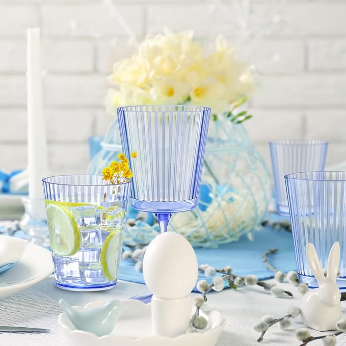 12 PCS Plastic Ribbed Drinking Glasses 10oz Blue Vintage Ripple Stemless Wine - Image 8