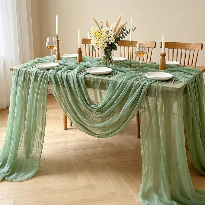 Sage Green Cheesecloth Table Runner, 10FT Rustic Green Boho Gauze Table Runner - Image 7