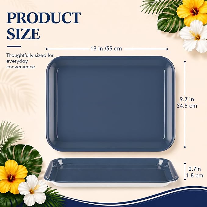 4 Pieces Dusty Blue Serving Trays Nautical Melamine Platters Reusable Rectangle - Image 2