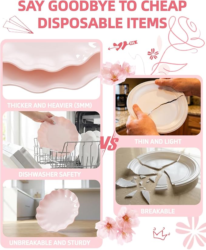 LIYH 24 Pcs Pink Plastic Plates Reusable, Light Weight Daisy Wavy Plate Parties - Image 6