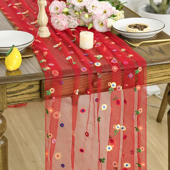 Artoid Mode Red Embroidery Daisy Gauze Table Runner 120 Inch 10FT | Seasonal by ArtoidMode