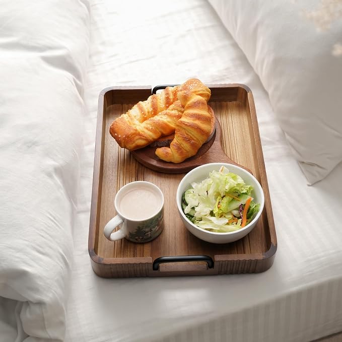 Acacia Wood Serving Tray with Metal Handles, 17x13in | Decorative coffee table - Image 8