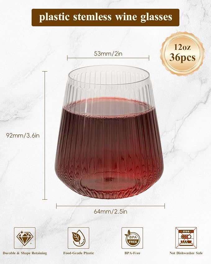 Goodluck 36 Pack 12oz Stemless Plastic Wine Glasses – Clear Ribbed Cups | - Image 2