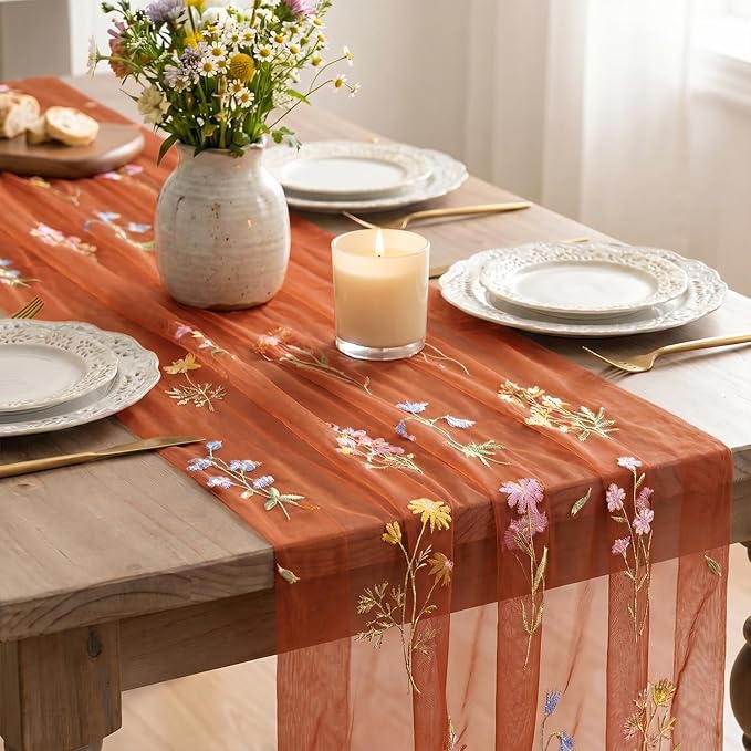 Artoid Mode Wildflower Floral Caramel Gauze Embroidery Table Runner 120 Inch - Image 4