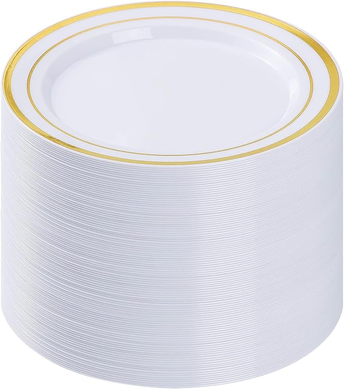 BESTVIP 100Pcs Gold Plastic Plates, 10.25 Inch Disposable Dinner Plates | Heavy by Bestvip