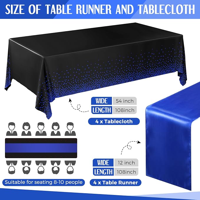 8 Pack Black and Blue Disposable Plastic Tablecloths and Satin Table Runner Set - Image 2
