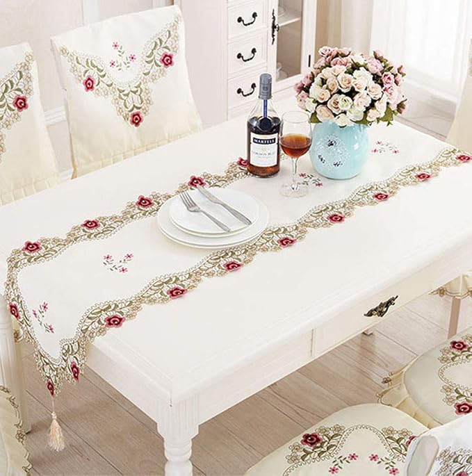 LeLehome 15 Inch X 69 Inch Classic Table Runner, Lace Flowers Embroidered Beige - Image 7