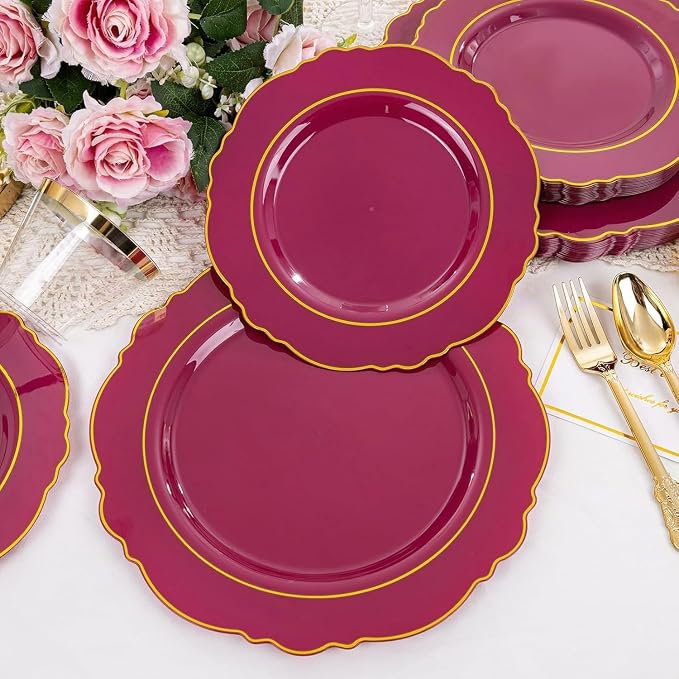 350PCS Red Plastic Plates-Disposable Burgundy Red and Gold Plates 50guest - Image 6