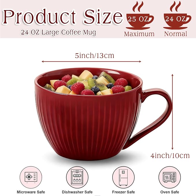 Red Ceramic Soup Bowl with Handle & Lid, 24oz Jumbo Soup Mug - Image 2