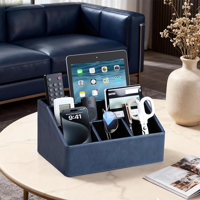 PU Leather Desk Organizer, Remote Control Holder, Dark Blue | Luxury Nightstand - Image 2