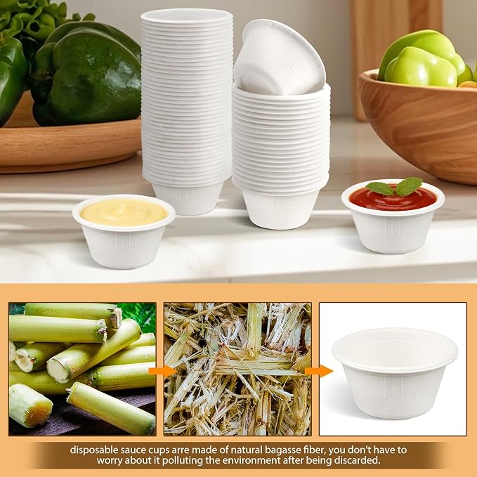LeonBach 200 Pack 2 oz Natural Bagasse Fiber Paper Bowls, - Image 5