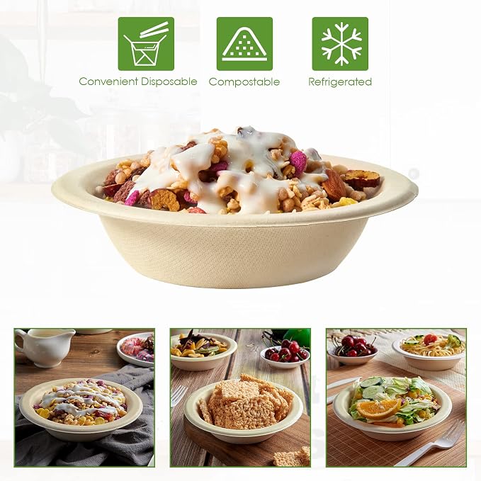 Vplus 200 Pack 12 OZ Compostable Paper Bowls, Bagasse Bowls，Nature | Disposable - Image 6