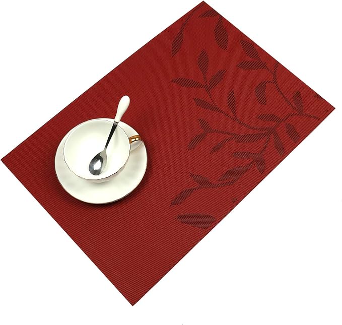 SHACOS Woven Vinyl Placemats Set of 8 Red Leaf Pattern Wipeable Place Mats - Image 2