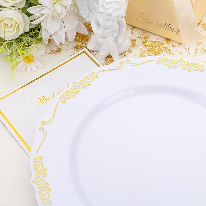 DaYammi 60PCS White and Gold Plastic Plates - Image 3