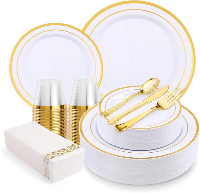 350-Piece Gold Rim Plastic Dinnerware Set by VajilaPhil