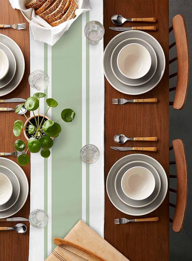 Sage Green Eucalyptus Leaves Table Runners 72 Inches Long, Farmhouse Stripe - Image 5