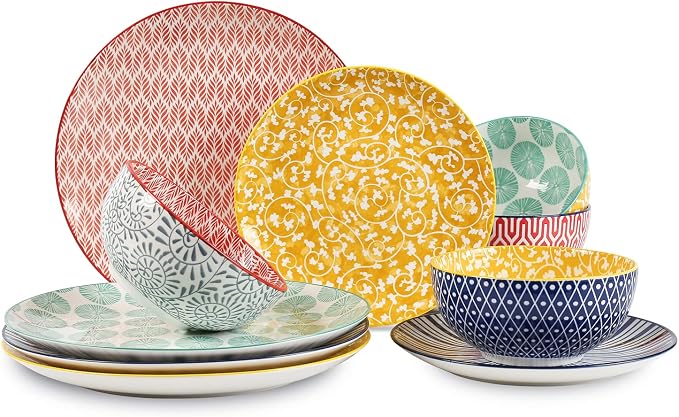 Selamica Ceramic Dinnerware Sets, 12-Pieces Plates and Bowls Sets, Scratch by Selamica