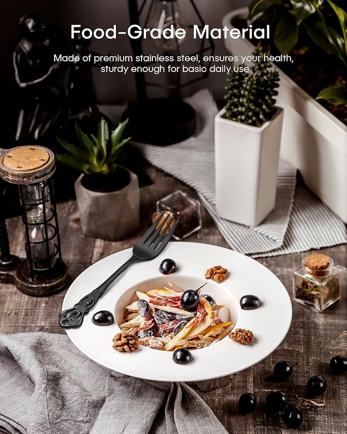 Black Silverware Set For 8, Ollex 48 PCS Retro Royal Silverware Flatware Set - Image 6