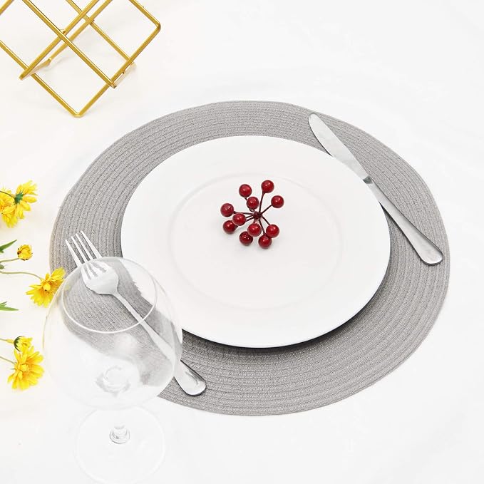 SHACOS Round Braided Placemats Set of 6 Thick Fabric Circle Grey Place Mats - Image 8