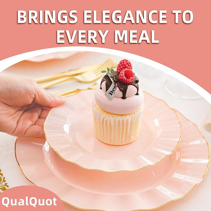 175PCS Pink Plastic Dinnerware Set, Wavy Plates - Image 5