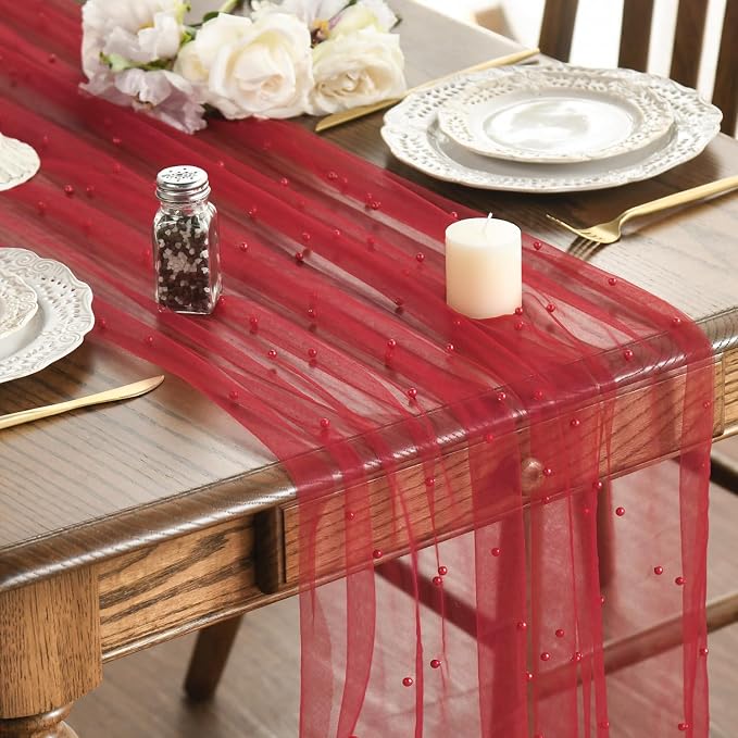 Artoid Mode 6PCS Pearl Red Gauze Table Runner 120 Inch 10FT, Seasonal Sheer by ArtoidMode