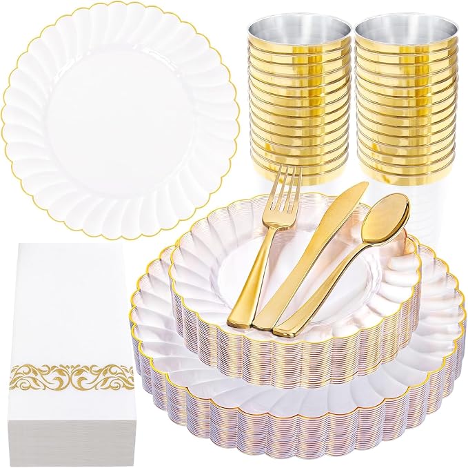 YOUBET 175PCS Clear and Gold Scalloped Plastic Plates by YOUBET