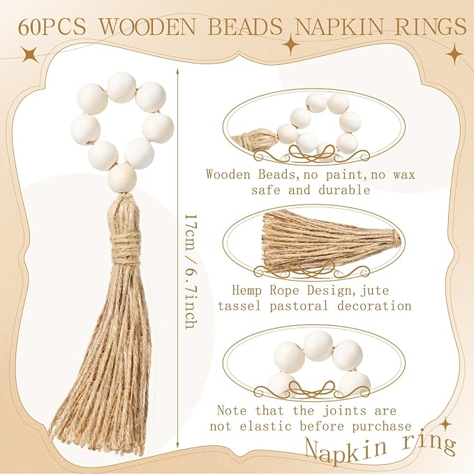 60 Pcs Wooden Napkin Rings for Table Decor, Rustic | Wood Bead Napkin Rings - Image 2
