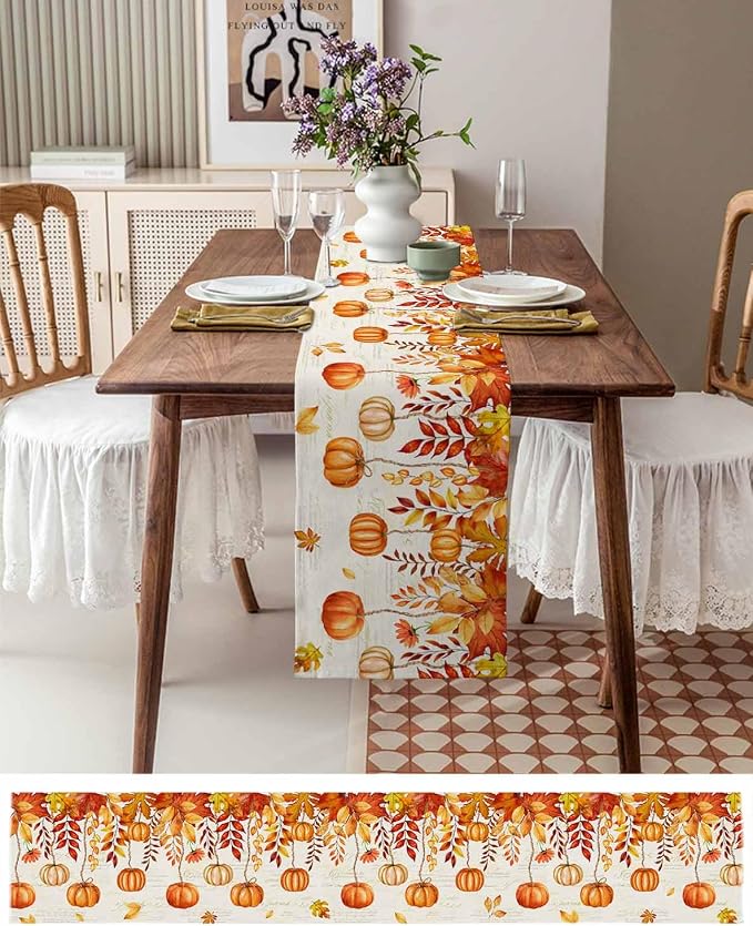 Orange Pumpkin Fall Table Runner 72 Inches Long, Thanksgiving Maple Eucalyptus - Image 4