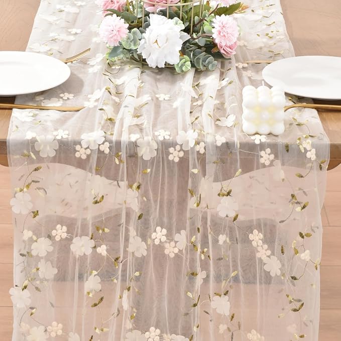 Wildflower Floral Sheer Tulle Gauze Table Runner Wedding Baby Shower Decor | - Image 3