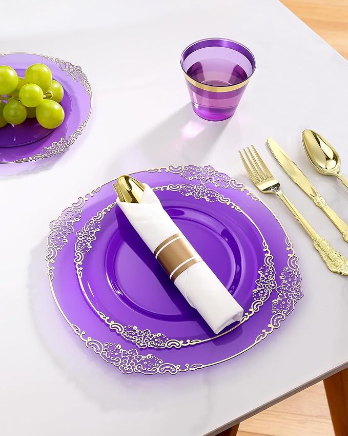 175 Piece Clear Purple Plastic Dinnerware Set - Image 5