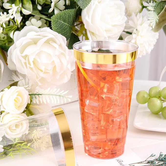 I00000 16 oz Gold Plastic Cups, 50 Pack Clear Plastic Cups Tumblers Gold Rimmed - Image 5