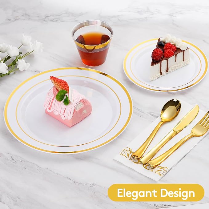 350 Pcs Gold Dinnerware Sets for 50 Guests, Disposable Plate Sets | for Party - Image 3