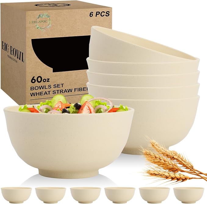 Large Wheat Straw Bowls Set of 6, 60 OZ Unbreakable Serving Bowls, Microwave by Perlapoc