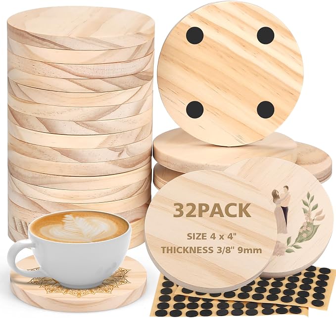 Adrattnay 32Pcs Unfinished Wood Coasters, 9mm Blank Wood Coasters Bulk by WOODEXPERT