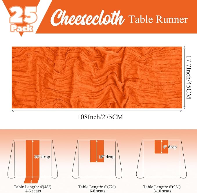 25 Pack Orange Cheesecloth Table Runner Boho Gauze Wedding Decor | Rustic Sheer - Image 2