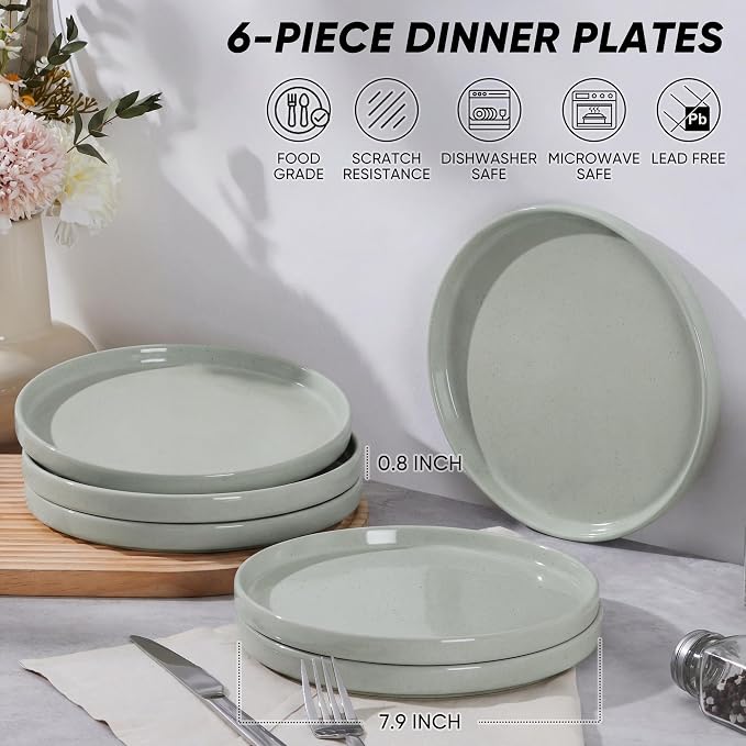E-far 7.9 Inch Ceramic Dinner Plates, 6-Piece Stoneware Salad Plates, Chip & - Image 2