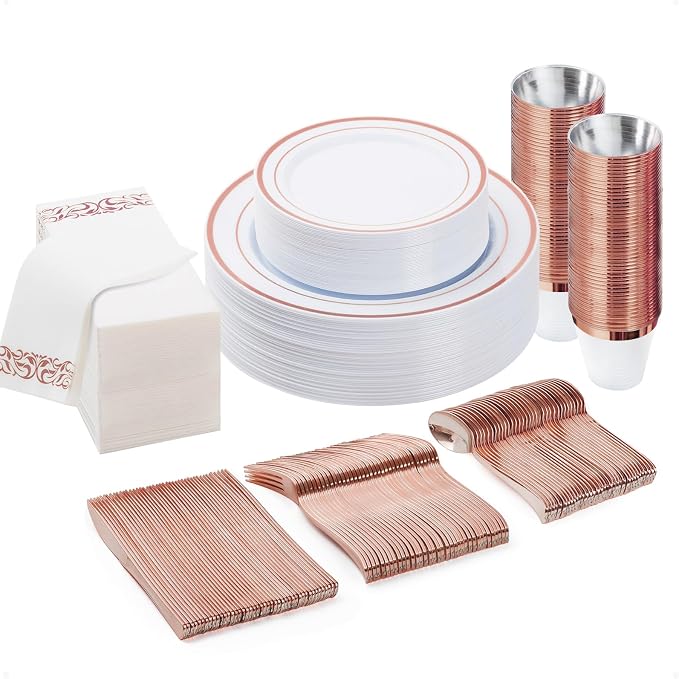 BESTVIP 175 PCS Rose Gold Disposable Plastic Dinnerware Set by Bestvip