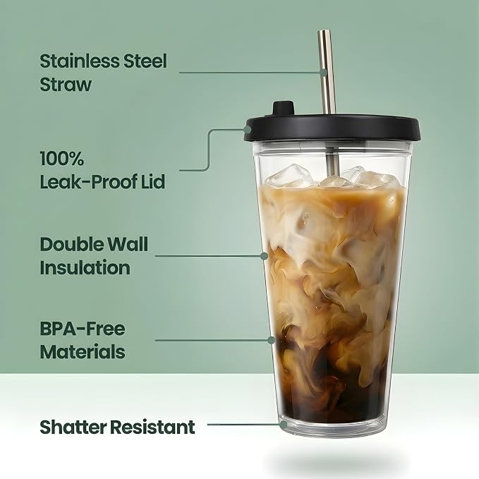 Reusable Iced Coffee Cup with Lid and Straw, 24 oz/Venti, BPA-Free Double-Wall - Image 3
