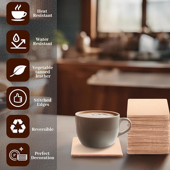 Bulyoou 50 Pcs Square Vegetable Tan Leather Coaster 4" Tooling | Veg Tan Leather - Image 3