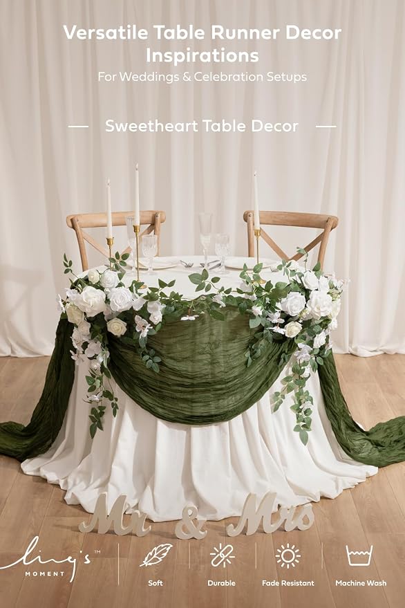 Ling's Moment Moss Green Cheesecloth Table Runner, 120 Inch 10FT | Boho Gauze - Image 4