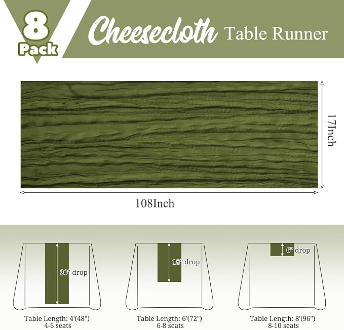 8 Pack Olive Green Table Runner 17 x 108inch Cheesecloth Table Runner Boho - Image 3