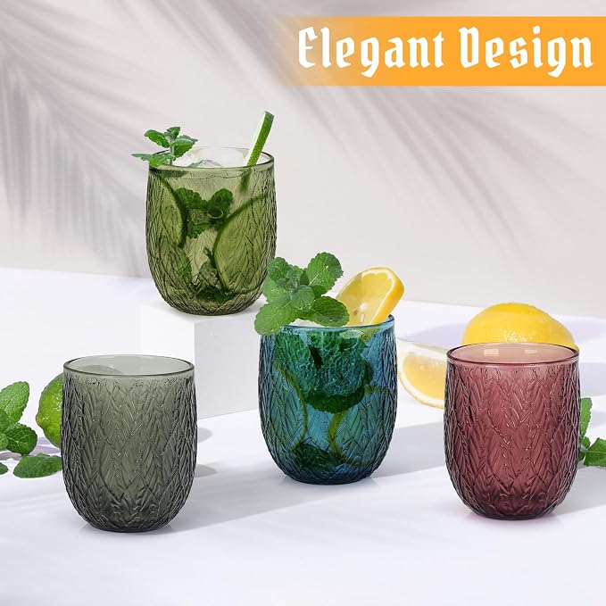 Topsky Vintage Drinking Glass Set of 4, 12 oz Embossed Willow Leaf Drinkware Set - Image 5