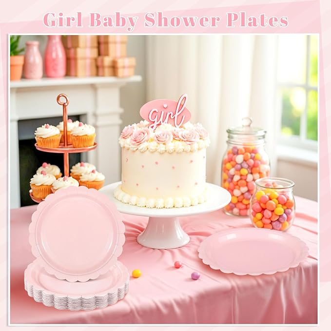 NatNarr 30 Pk Pink Paper Plates 9" Disposable Scalloped Pink Birthday Plate | - Image 6