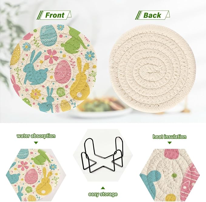 YETTASBIN Easter Bunny Eggs 6 Pcs Drink Coasters - Image 4