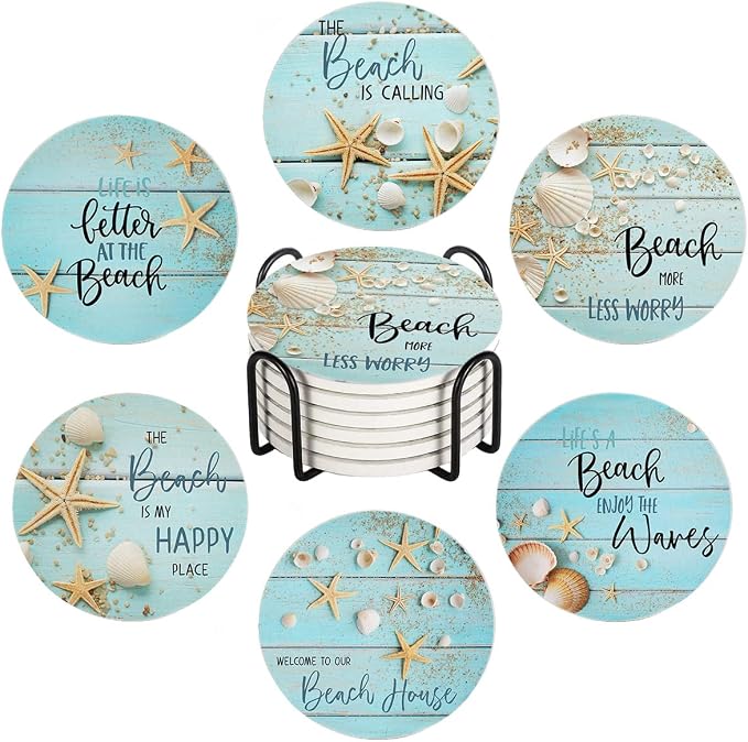 HUXJOKO Coasters for Drinks Set of 6, Seashells Starfish on Blue Wooden by HUXJOKO