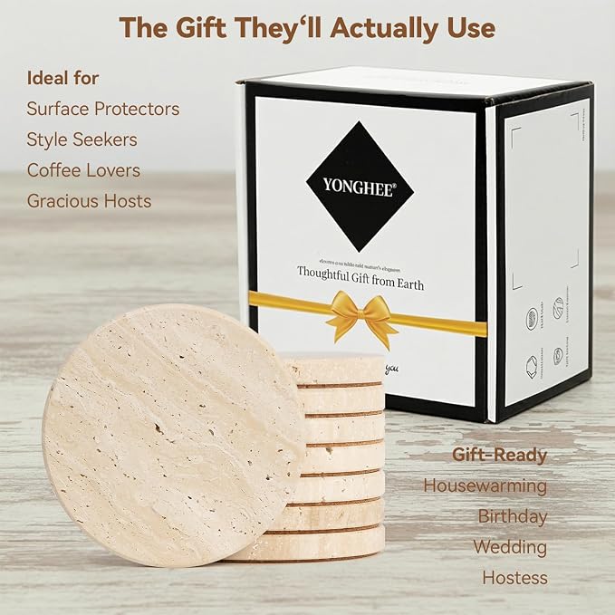 Natural Travertine Stone Coasters Set of 8, Warm Beige, Cork Backing, Stylish & - Image 6