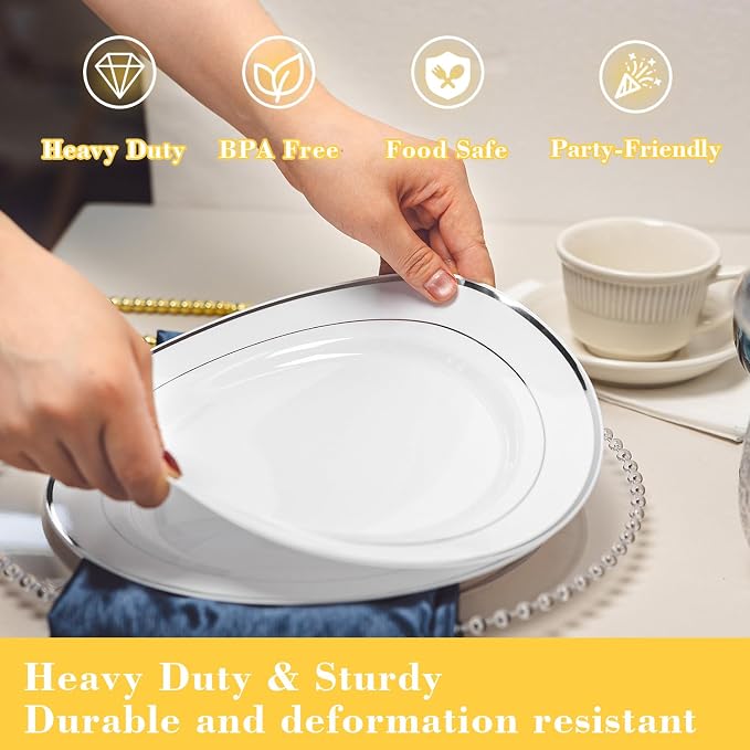 100PCS White Silver Plastic Plates Disposable, 10.25" Heavy Duty Plates | - Image 3
