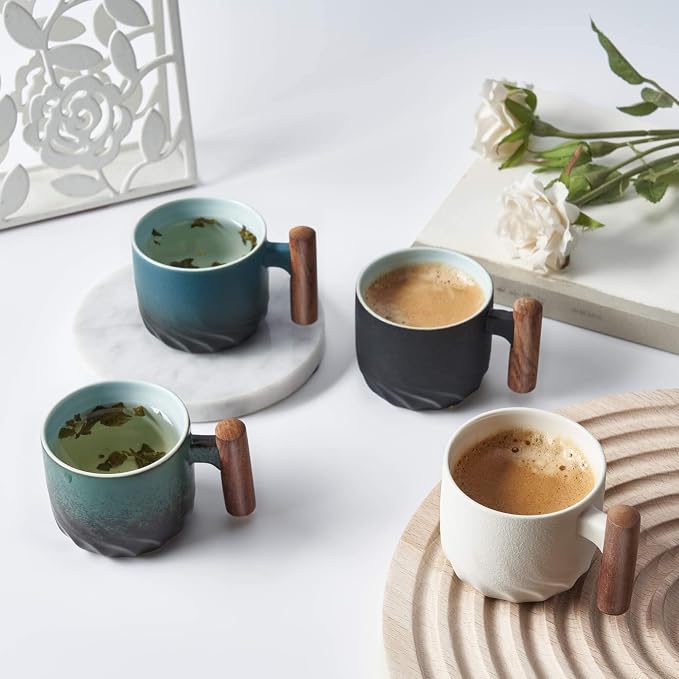 Ceramic Espresso Cups with Wooden Handle Shot Tea Porcelain Demitasse - Image 2