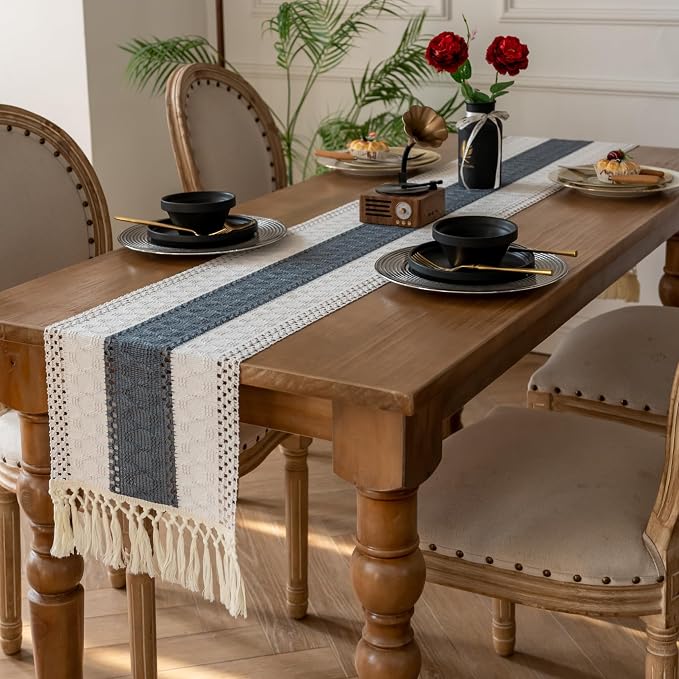 EMMTEEY Boho Table Runner with Tassels 36 Inches Long, Stone Blue | Handmade - Image 4